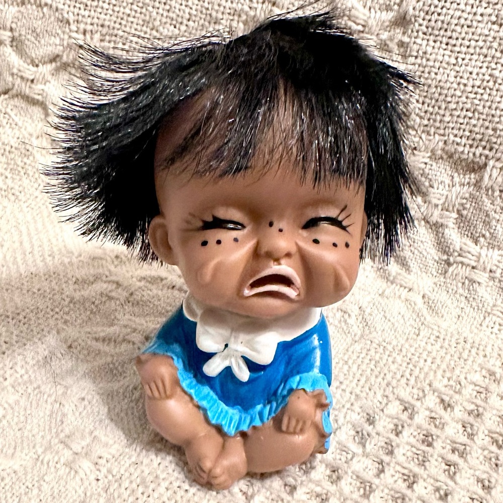 Vtg 1960’s Cutie Girl Crying Face Rubber Baby Doll Blue Dress 3 1/2”H  Japan